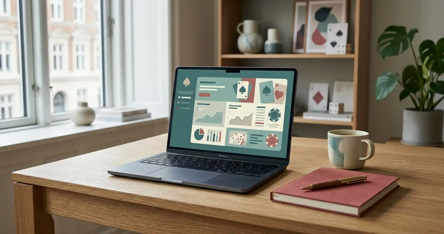 Illustration af en dansk casinoanmeldelse med laptop og diskrete København-detaljer