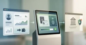 Illustration af en udbetalingslinje med identitetskontrol og udbetaling i danske kroner