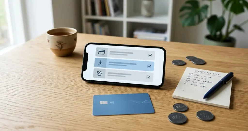 Illustration af indbetalingskontrol med betalingskort, digital tegnebog og danske kroner