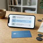 Illustration af indbetalingskontrol med betalingskort, digital tegnebog og danske kroner
