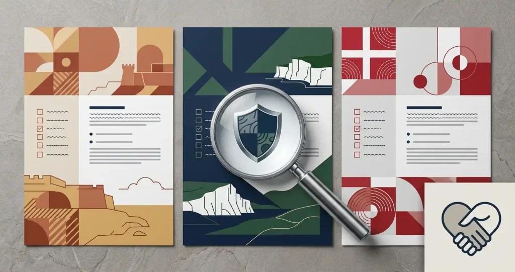 Illustration af licenskontrol med skjold, dokumenter og dansk kontekst