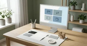 Illustration af sikker onlinebetaling med danske kroner, betalingskort og digitale betalingsformer