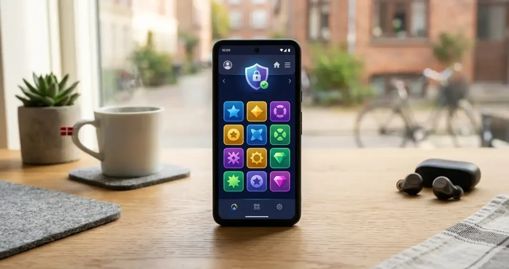 Illustration af smartphone med sikker adgangsmarkering og generiske spilfliser