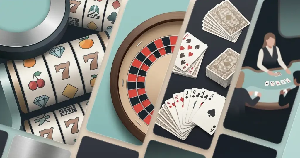 Illustration af spilleautomater, roulettebord og livecasino i et samlet spilbibliotek