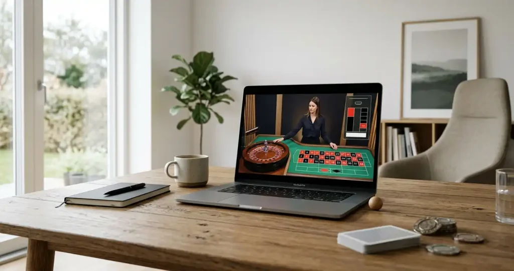 Illustration af spilvært via direkte video roulette på en bærbar computer i et dansk hjem